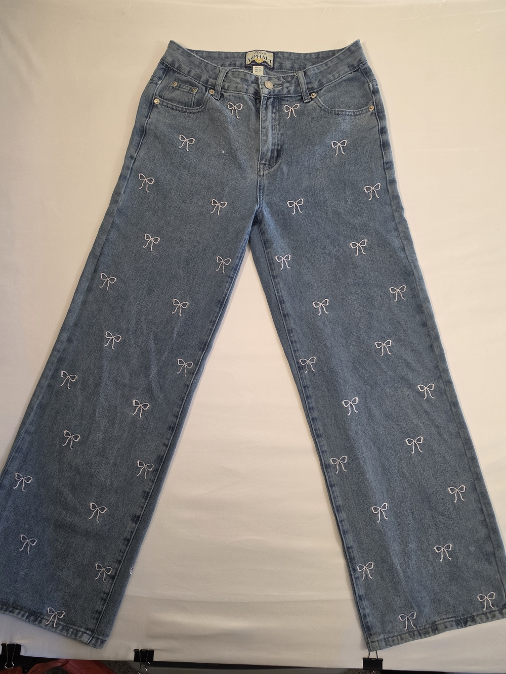 Blue Asphalt Women’s Small Bow Embroidered Jeans Y2K Coquette Wide Leg